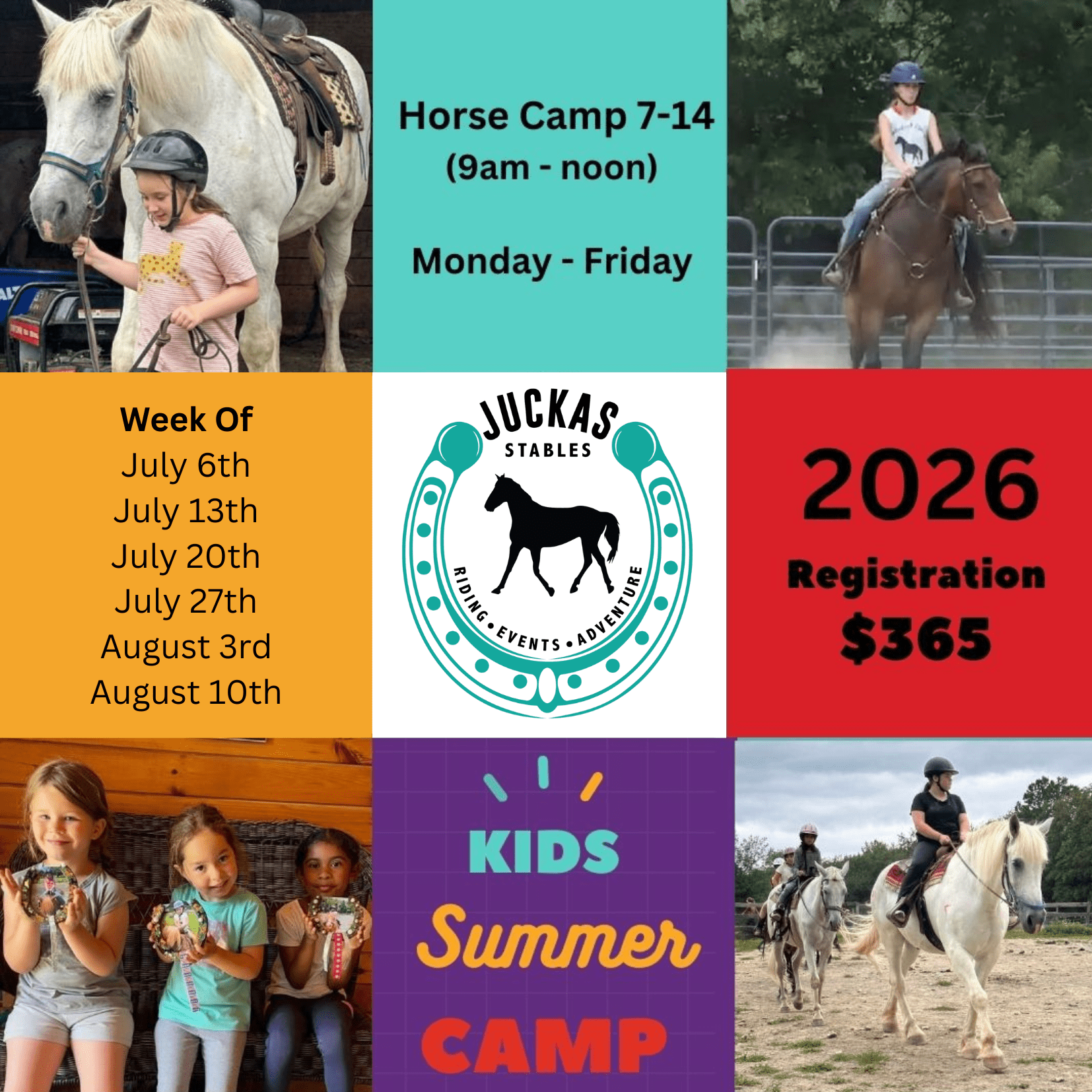 Collage for horse camp: kids riding, schedule, price, and Juckas Stables logo.