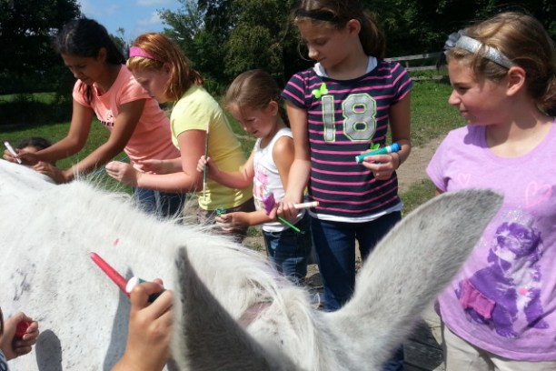 Group of children painting a horse