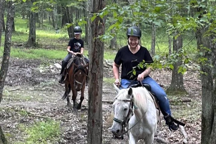 a group of people riding a horse in a forest
