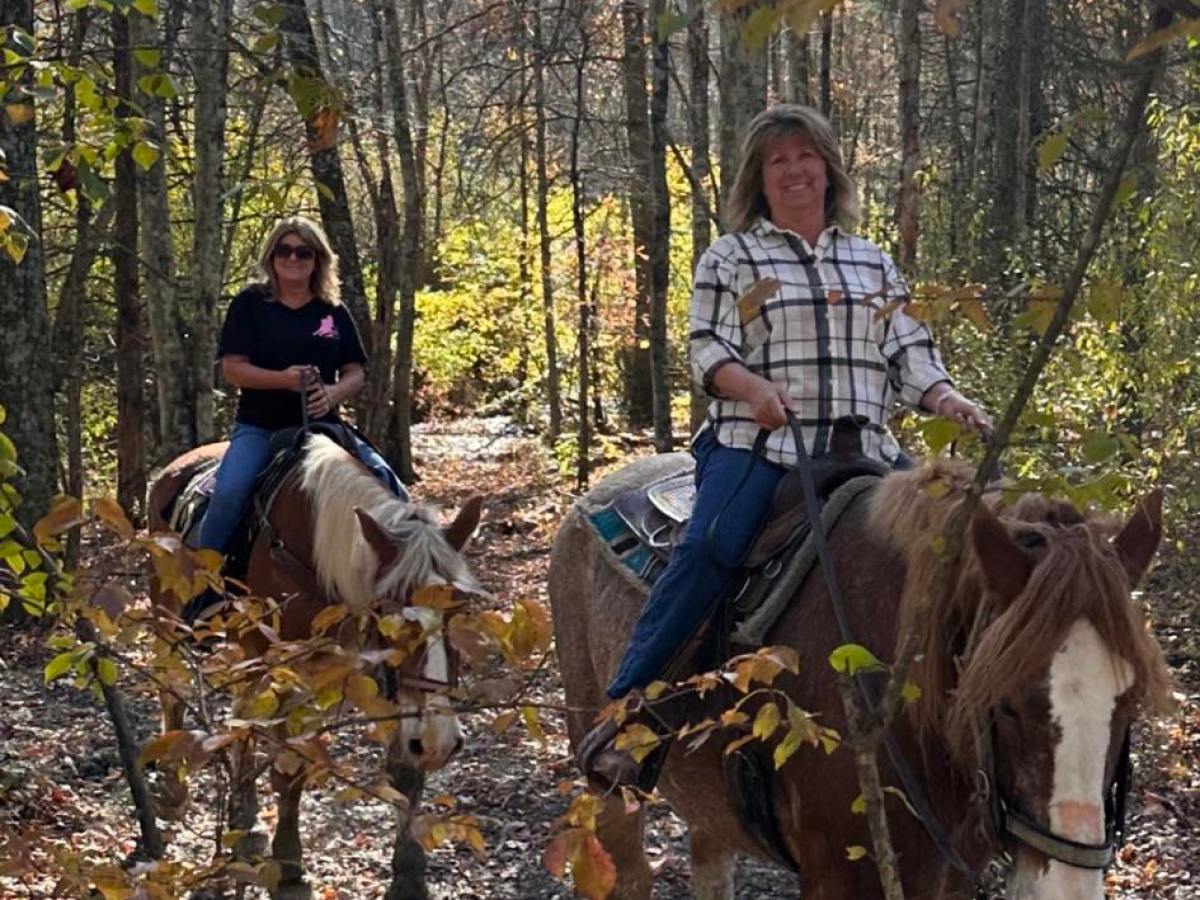a group of people in a forest