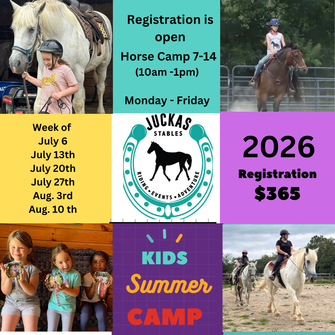 Horse camp ad with photos of kids and horses, dates, and price for 2026 registration.