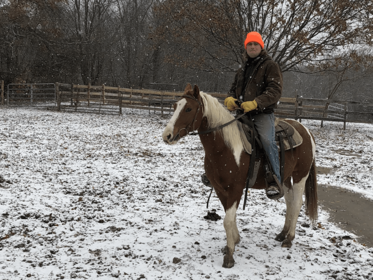 a person riding a horse in the snow