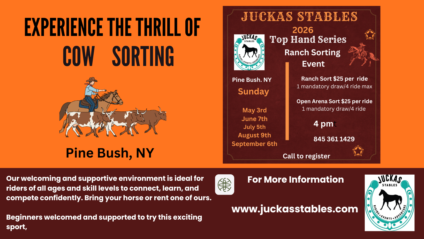 Flyer for a cow sorting event at Juckas Stables in Pine Bush, NY. Includes dates, fees, and contact information.