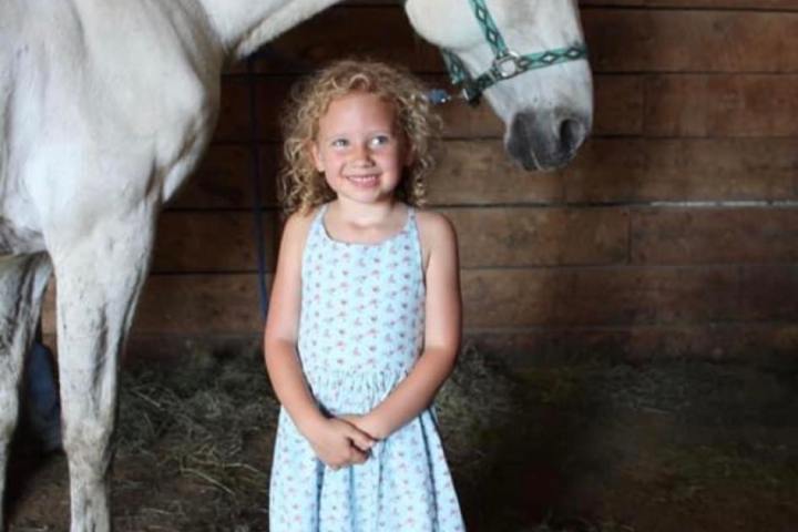a little girl standing next to a horse