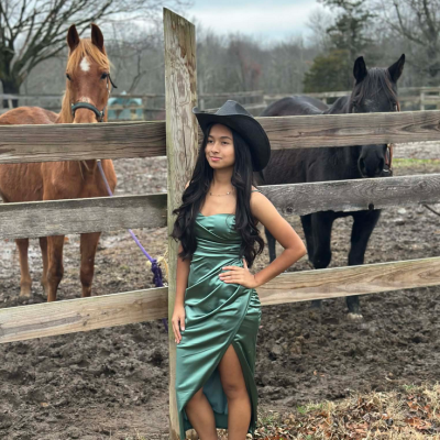 Woman in green dress and hat stands by fence with two horses.