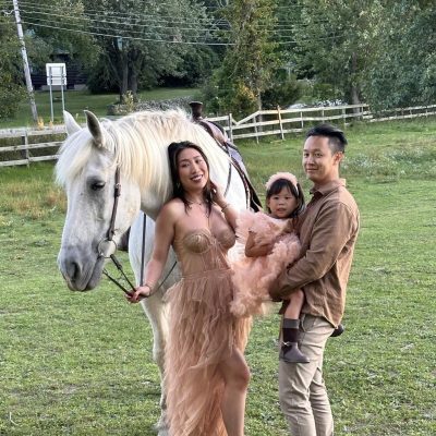 a brown horse standing on top of a grass covered field