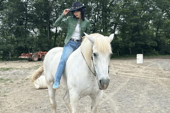 Person in cowboy hat riding a white horse in a forested area with a tractor in the background.