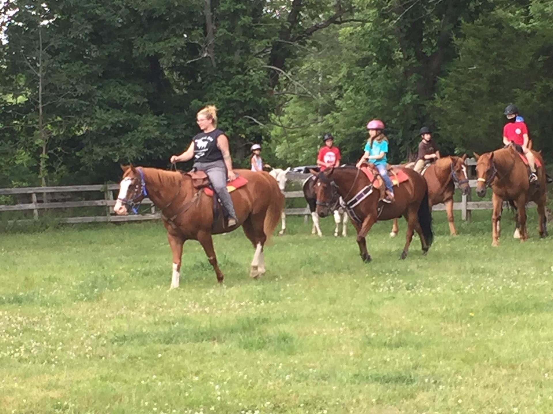 a group of people riding a horse in a field