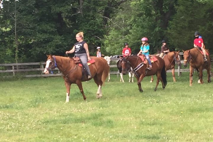 a group of people riding a horse in a field