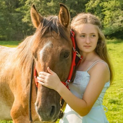 a close up of a brown horse standing next to a person