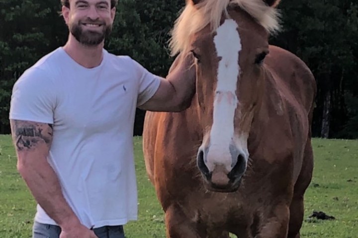 Chris Cope standing next to a brown horse