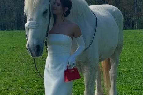 Person in white gown with large white horse on grassy field.