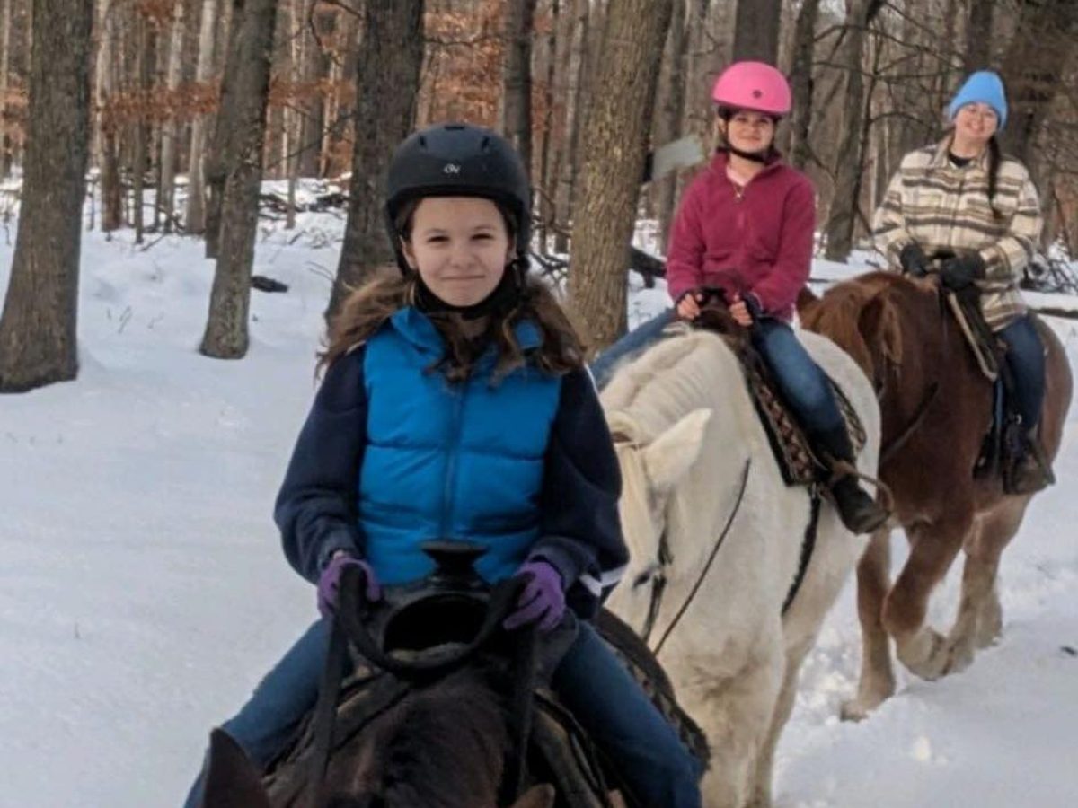 a group of people riding horses on a trail in the snow