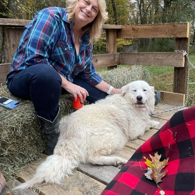 a person sitting on a bench with a dog