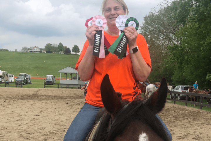 a person riding on the back of a brown horse