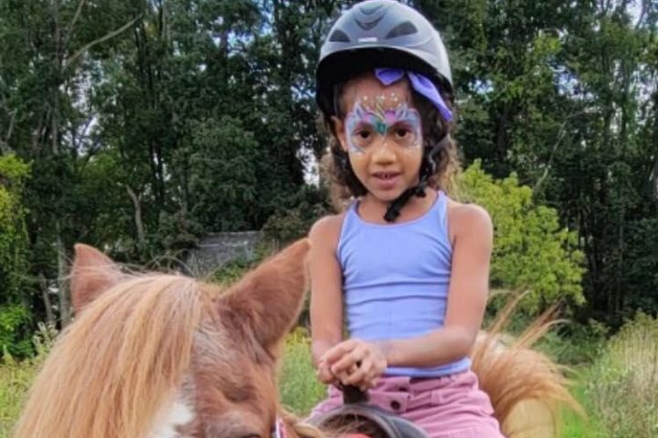 a person riding on the back of a brown horse