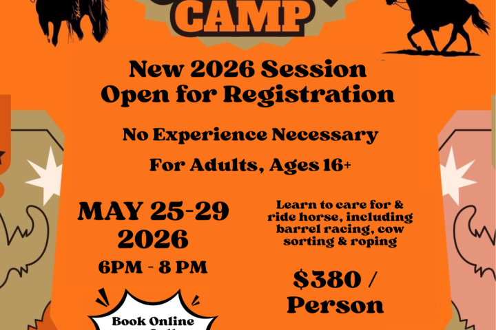 Cowboy Camp flyer for May 25-29, 2026, 6-8 PM in Pine Bush, NY, $380 per person, ages 16+, call 845-361-1429.