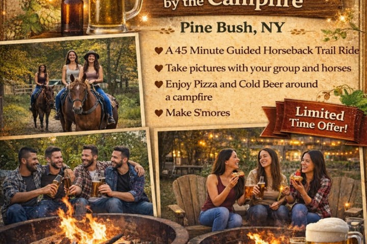 Horseback trail ride flyer with pizza, beer, campfire images, and event details.