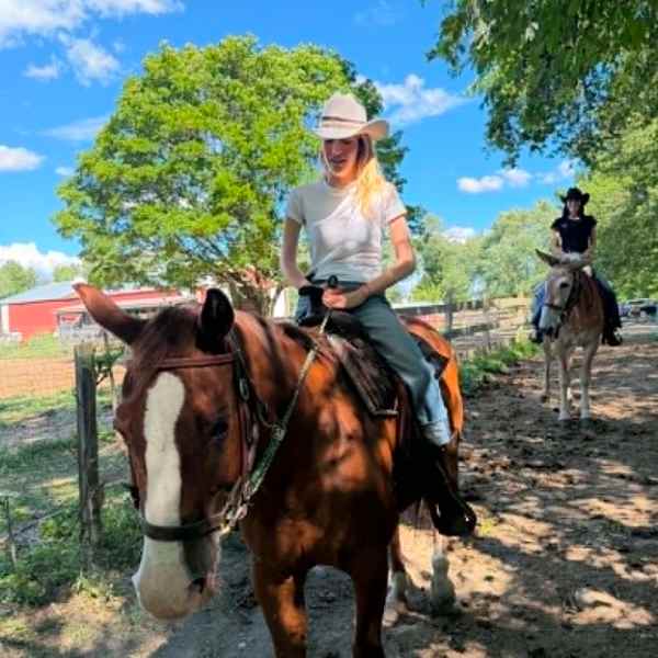Person in white hat riding a brown horse on a sunny trail.