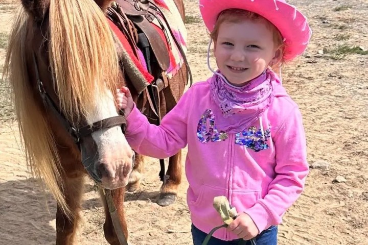 Child in pink cowboy hat with pony outdoors.