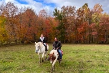 Two people horseback riding in a field with autumn trees in the background.